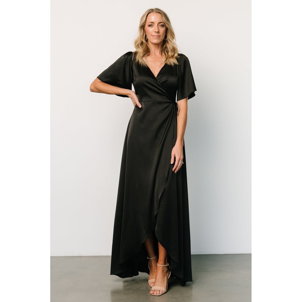 Baltic Born NWOT Vara Satin Maxi Wrap Dress‎ Black Evening Cocktail Size Small